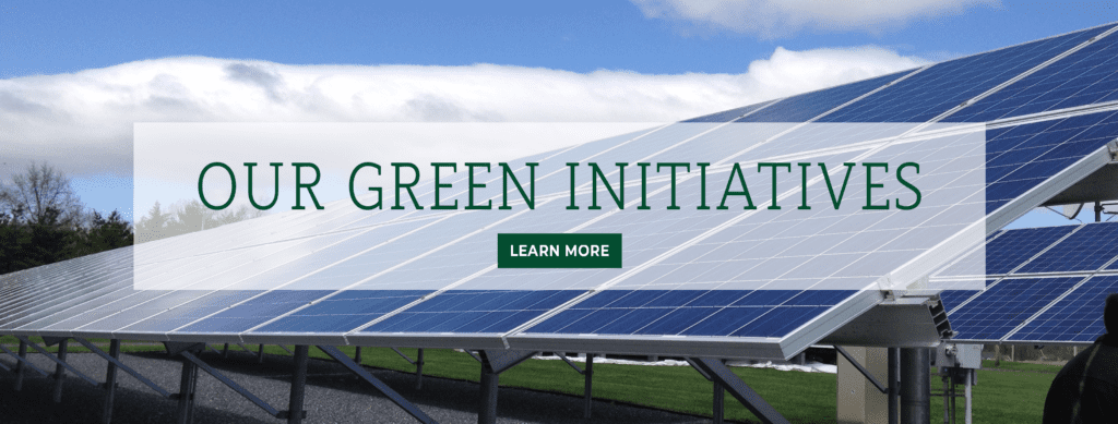 Our green initiatives. Learn more. Image: solar panels.