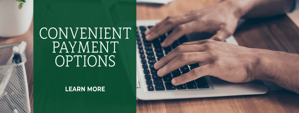 Convenient payment options. Learn more. Image of someone typing on a computer.