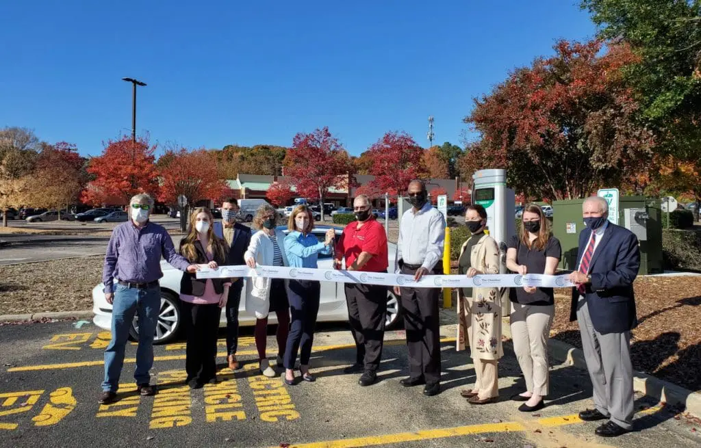 Carrboro ribbon cutting for DC fast charger. Electric vehicle charging station.