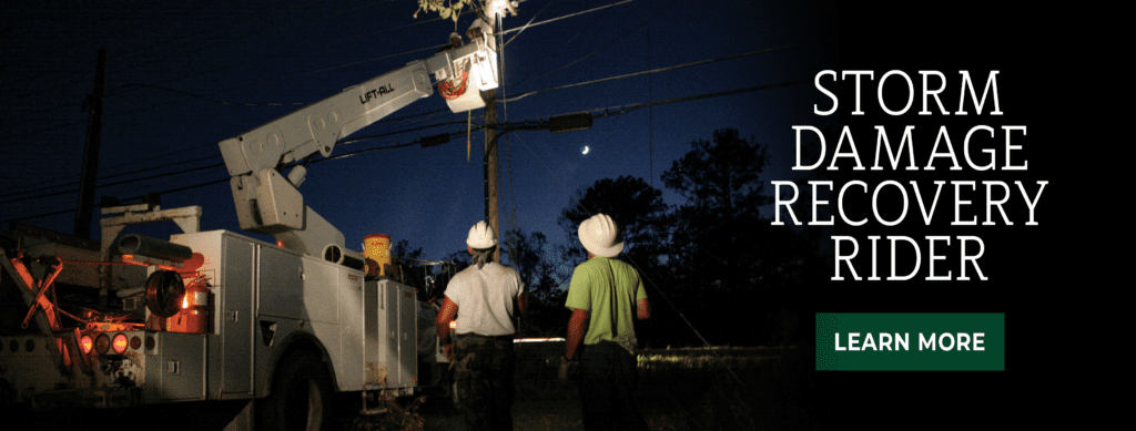 Storm damage recovery rider. Learn more. Image of linemen restoring power.