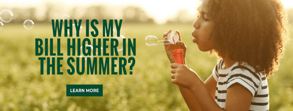 Why is my bill higher in the summer? Image of a girl blowing bubbles in a field.