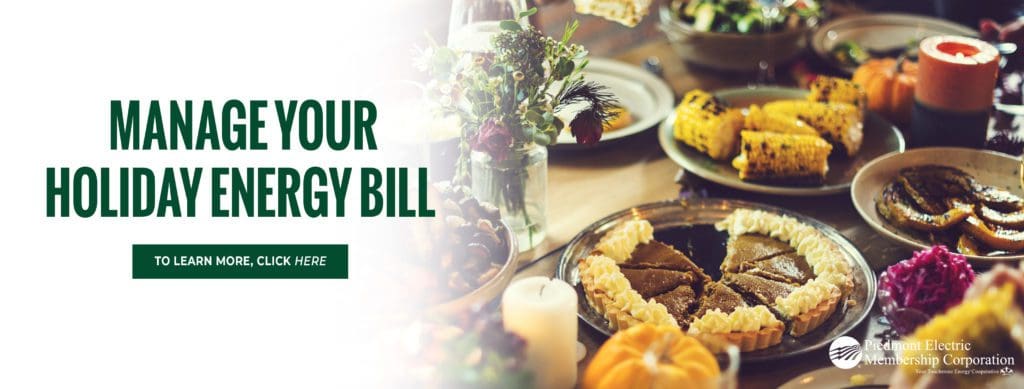 Manage your holiday energy bill. To learn more, click here. Image of a Thanksgiving dinner.