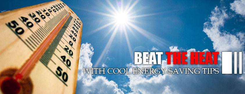 Beat the heat. Energy-saving tips. image of a thermometer.