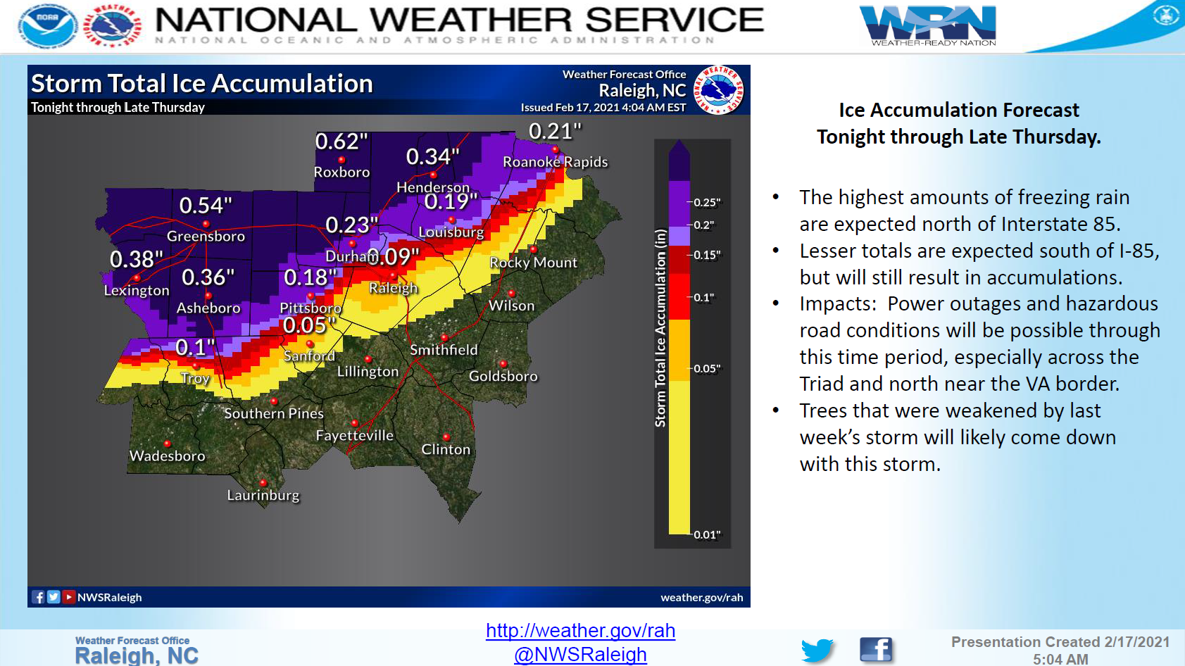 National Weather Service Raleigh screenshot of their ice forecast. Date 2.17.2021