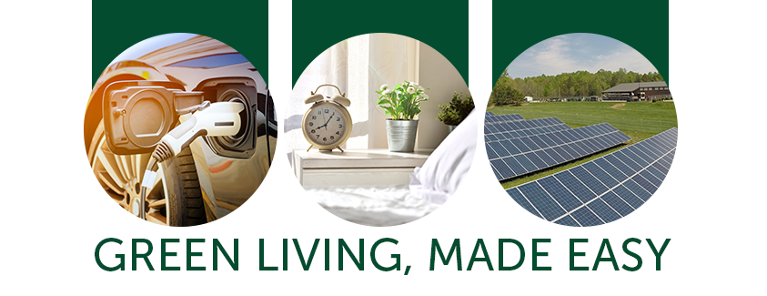 Green living, made easy. Image of an EV, alarm clock and solar panels.