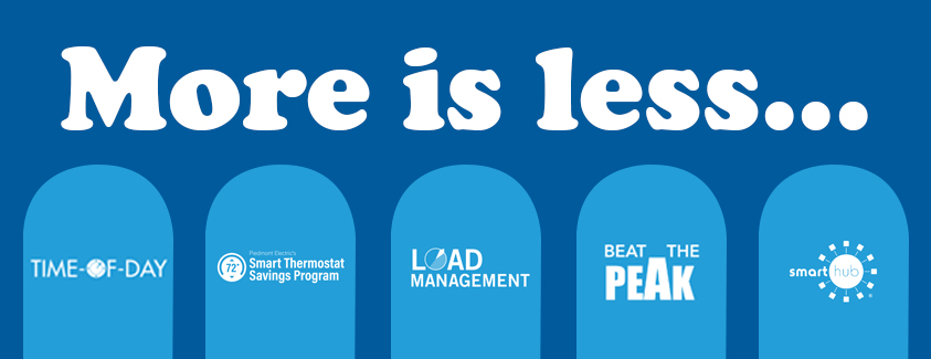 More is less... Program logos: time-of-day, smart thermostat savings program, load management, beat the peak, SmartHub.