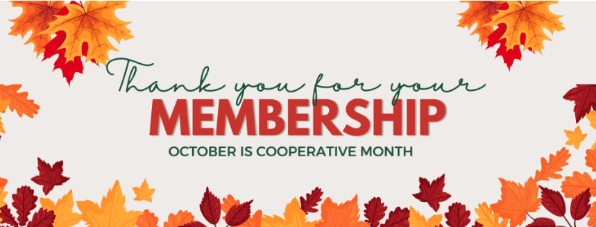Thankful for your membership, header with fall leaves in orange and brown and graphic text thanking members for their membership